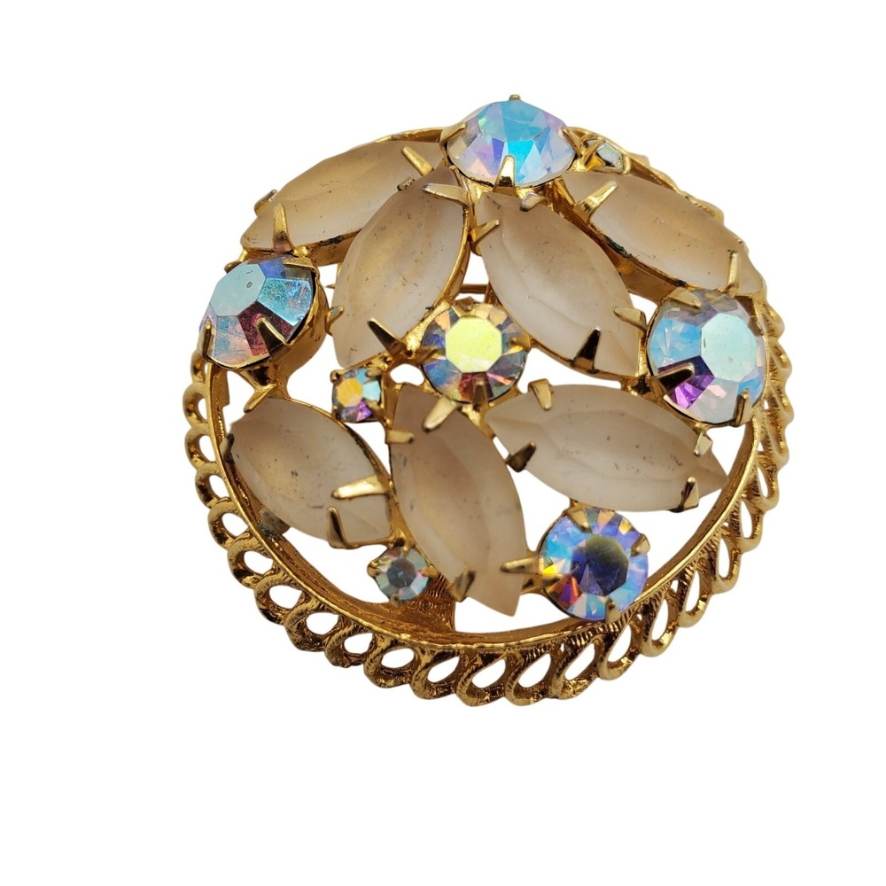 Satin Navette & AB Rhinestone Brooch Tan Gold Tone Filigree Pin Round Openwork - Picture 2 of 6